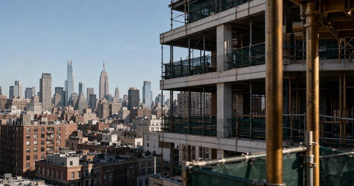 Conceptual editorial illustration for NYC sweep finds 65 violations at 180 construction sites, with no imminent structural hazards