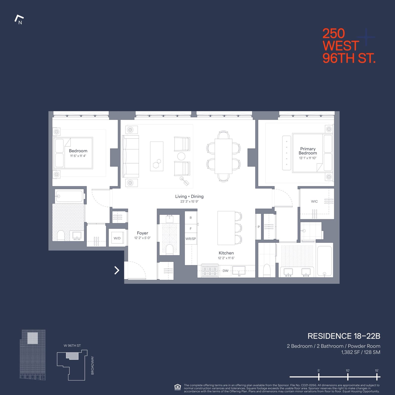 250 West 96th Street Residence B (Floors 18-22) — 1,382 SF floor plan