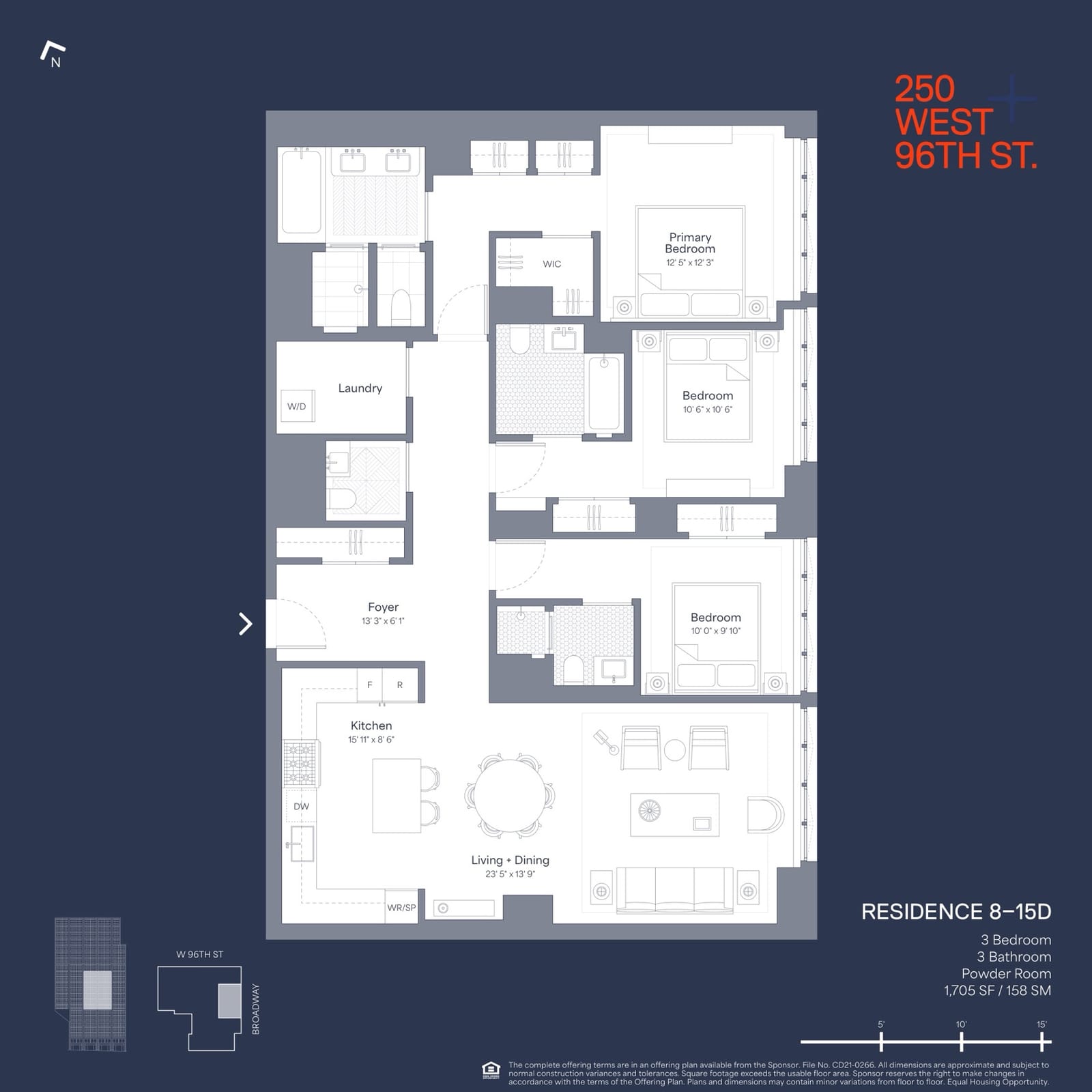 250 West 96th Street Residence D (Floors 8-15) — 1,705 SF floor plan