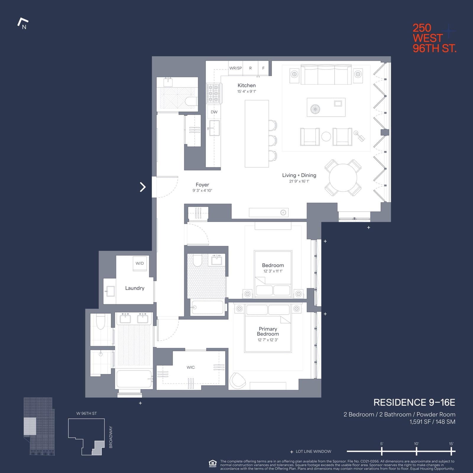 250 West 96th Street Residence E (Floors 9-16) — 1,591 SF floor plan