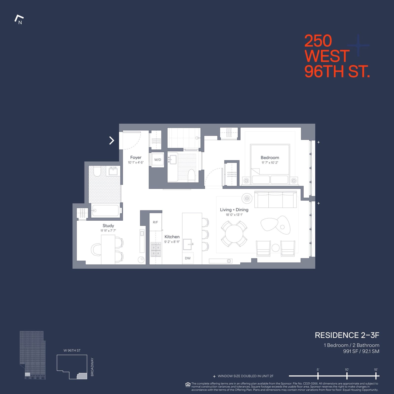 250 West 96th Street Residence F (Floors 2-3) — 991 SF floor plan