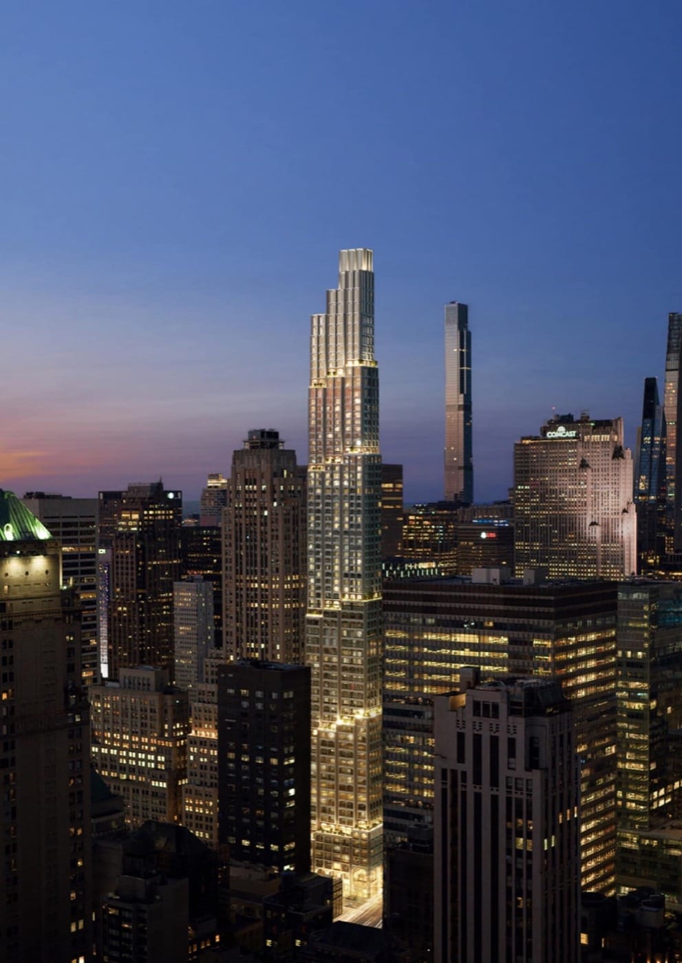 520 Fifth Avenue — Tower illuminated at dusk, Midtown skyline (official rendering)