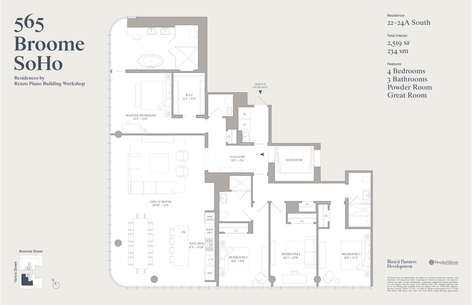 565 Broome Soho Residence Line A, Floors 22-24 South (4 Bed) — floor plan floor plan