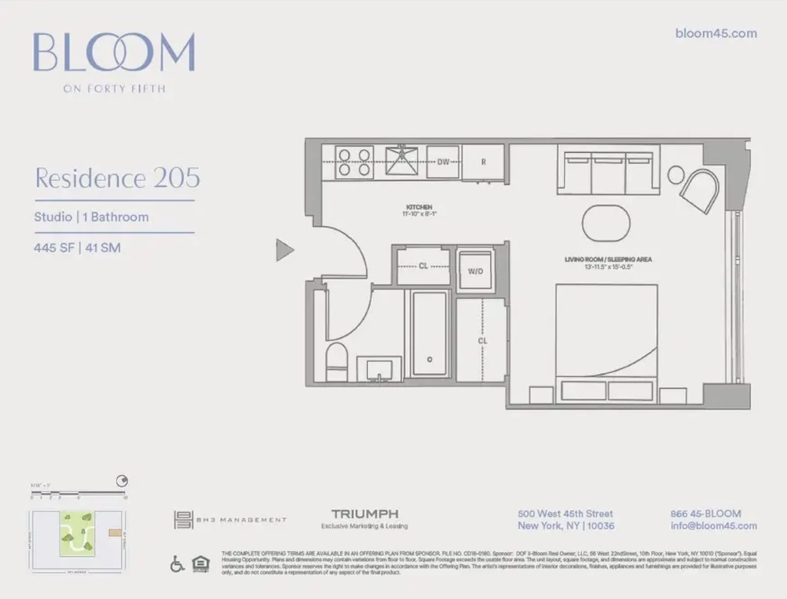Bloom on Forty Fifth Residence 205 — Studio (445 SF) floor plan