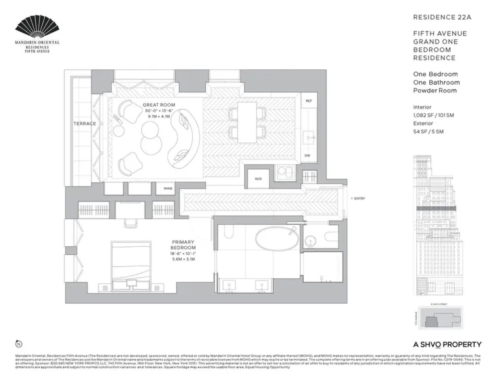 Mandarin Oriental Residences, Fifth Avenue Residence 22A — 1 Bed floor plan
