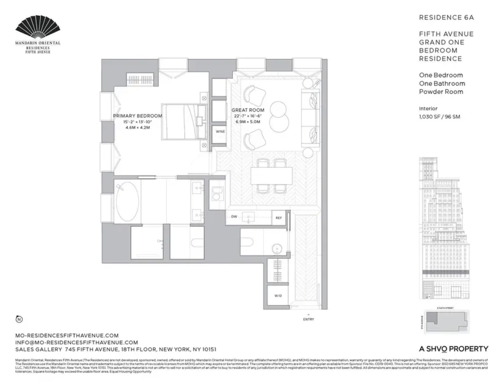 Mandarin Oriental Residences, Fifth Avenue Residence 6A — Grand One Bedroom (1 Bed) floor plan