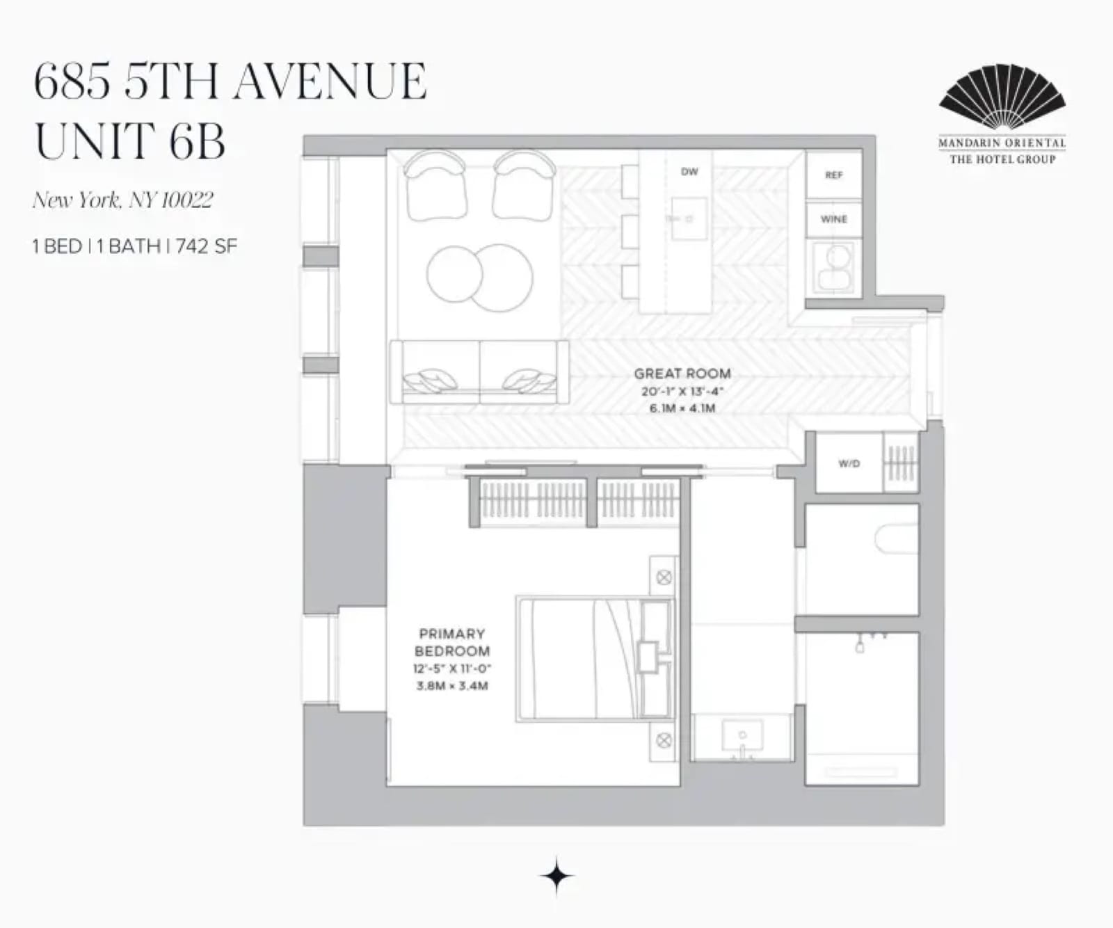 Mandarin Oriental Residences, Fifth Avenue Residence 6B — 1 Bed floor plan