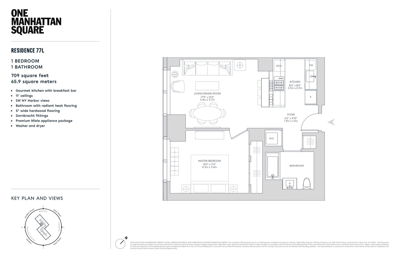 One Manhattan Square Residence 77L — 1 Bed (709 sf) floor plan