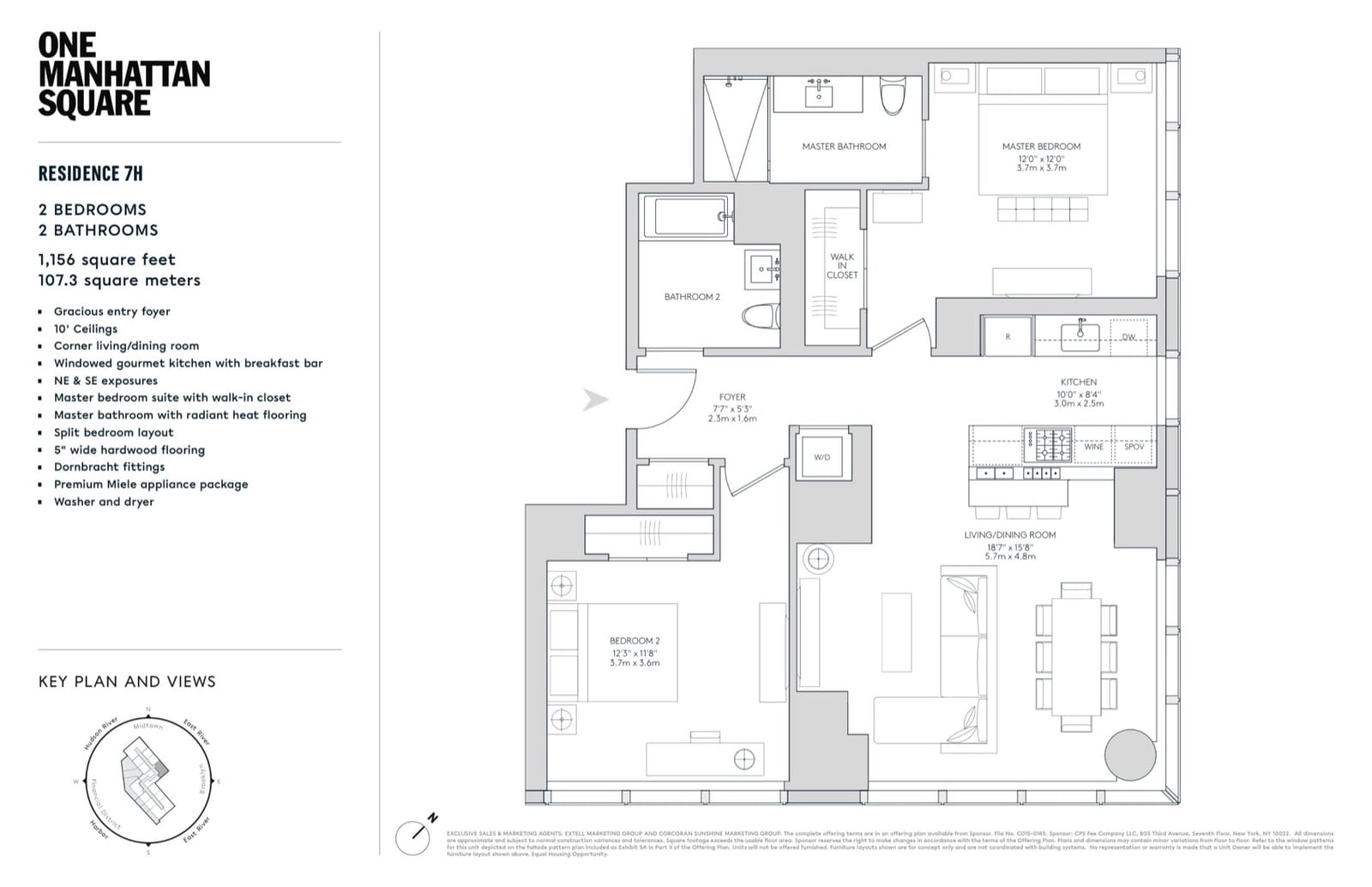 One Manhattan Square Residence 7H — 2 Bed (1,156 sf) floor plan