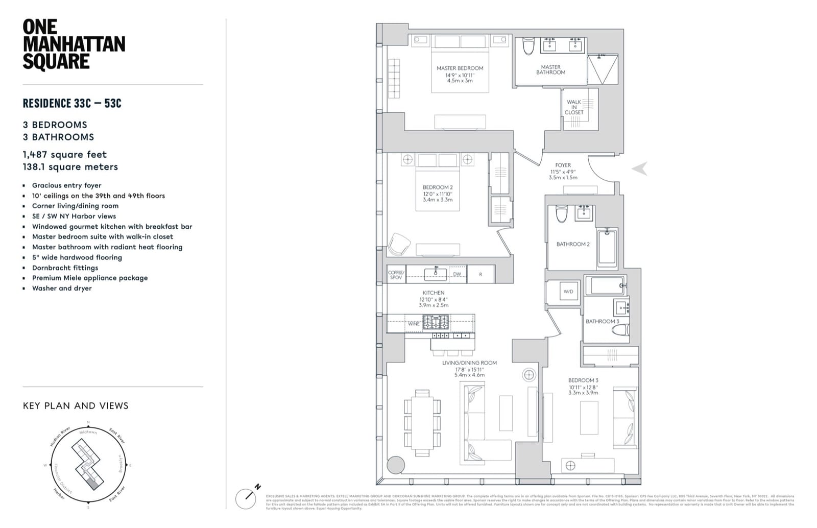 One Manhattan Square Residences 33C–53C (C Line) — 2 Bed (1,487 sf) floor plan