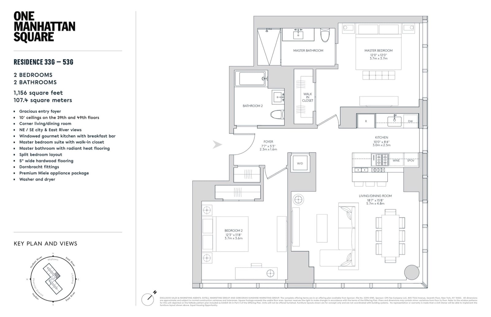 One Manhattan Square Residences 33G–53G (G Line) — 2 Bed (1,156 sf) floor plan