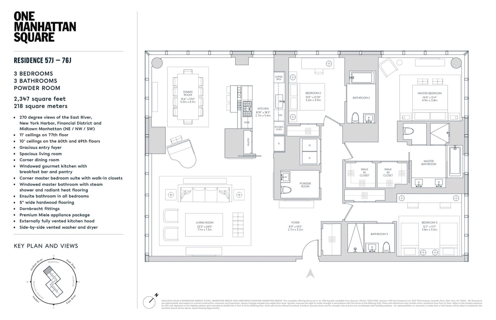 One Manhattan Square Residences 57J–76J (J Line) — 3 Bed (2,347 sf) floor plan