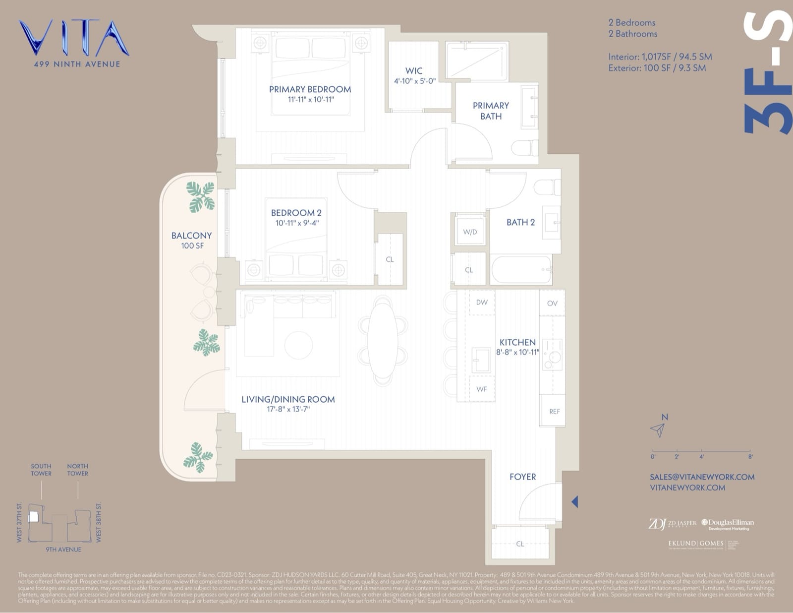 VITA South Tower Residence 3F-S — 2 Bed / 2 Bath (1,017 sf) floor plan