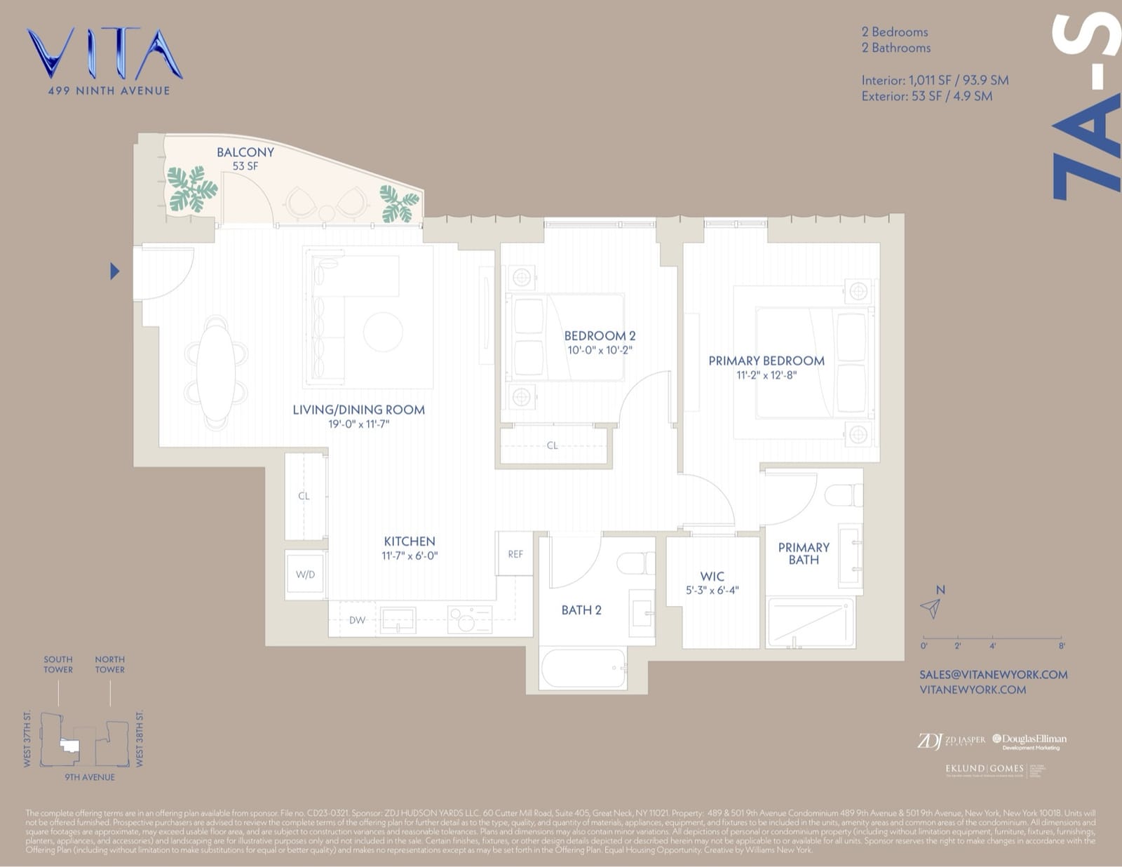 VITA South Tower Residence 7A-S — 2 Bed / 2 Bath (1,011 sf) floor plan