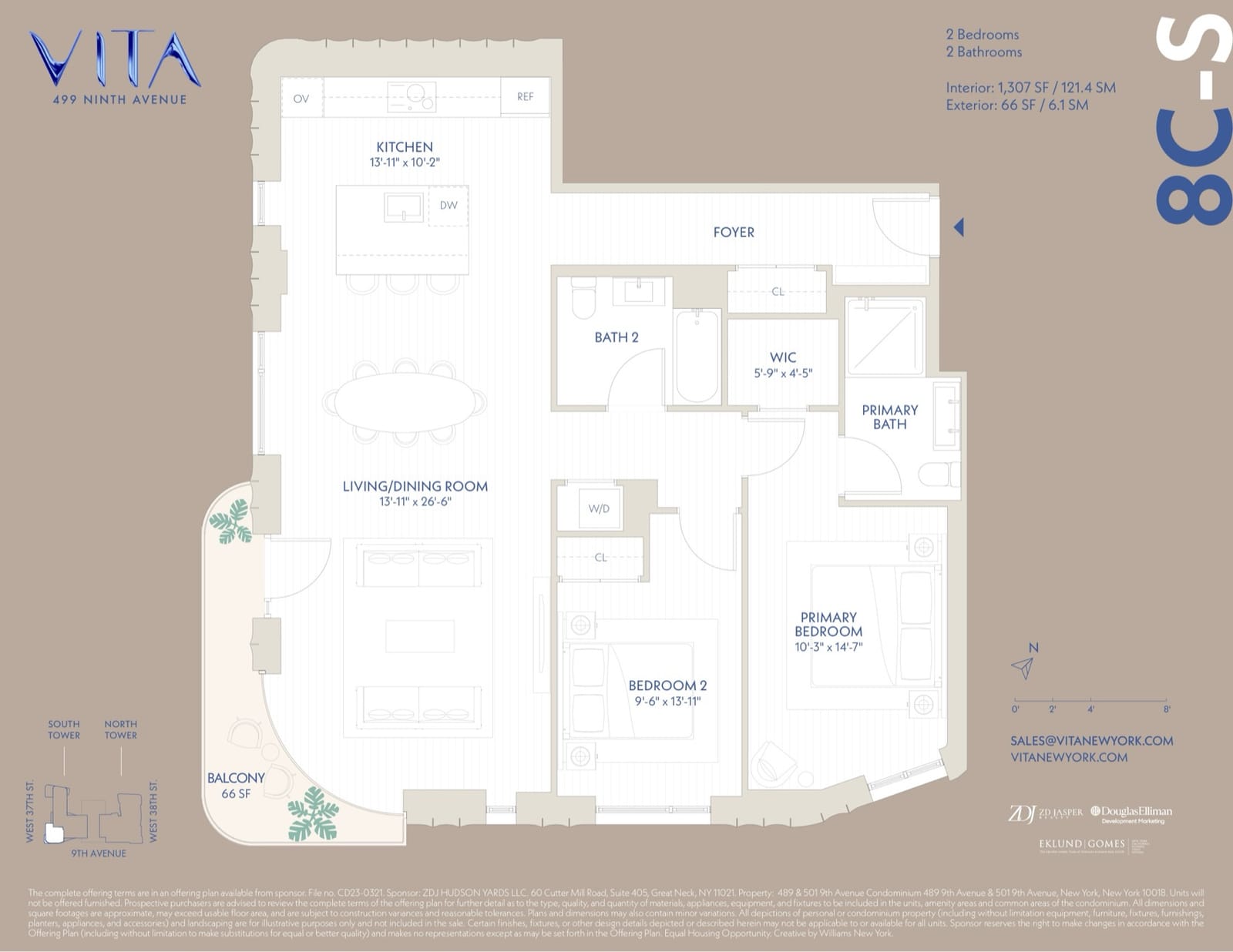 VITA South Tower Residence 8C-S — 2 Bed / 2 Bath (1,307 sf) floor plan