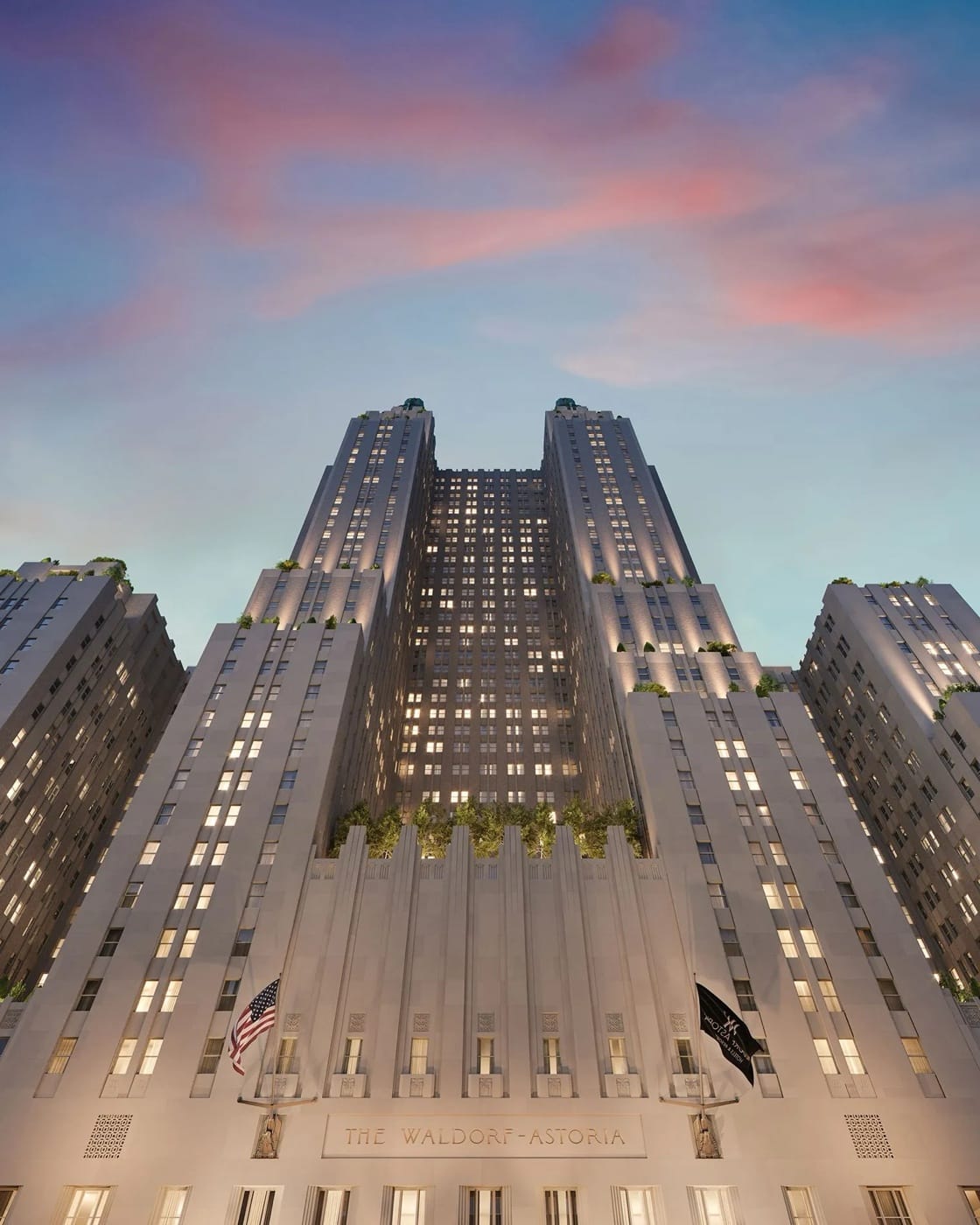 Waldorf Astoria Residences New York — The Waldorf Astoria towers at dusk (rendering)